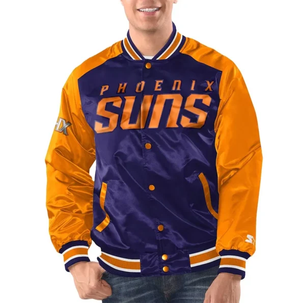 Model wearing Phoenix Sun Renegade Varsity Satin Jacket front view