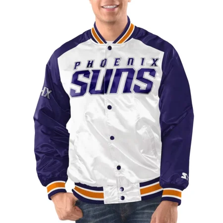 Phoenix Suns Renegade Varsity Jacket front view, black and orange