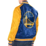 Model in Golden State Warrior Varsity Satin Jacket Front