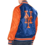 Model front view wearing New York Mets Renegade Varsity Jacket.