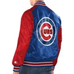 Model wearing front Chicago Cubs Renegade Varsity Jacket