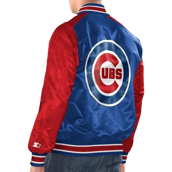 Model wearing Chicago Cubs Renegade Varsity Jacket back view