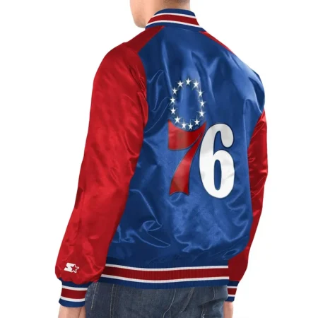 Model wearing Philadelphia 76ers Renegade Varsity Jacket back view