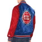 Model in Detroit Pistons Renegade Varsity Jacket Front