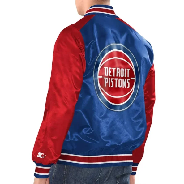 Model wearing Detroit Pistons Renegade Varsity Jacket back view