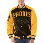 Model wearing San Diego Padres Renegade Varsity Jacket front view