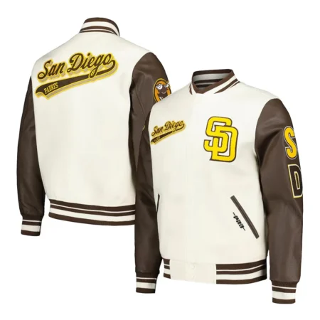 Combined front and back views of San Diego Padres Script Varsity Jacket.