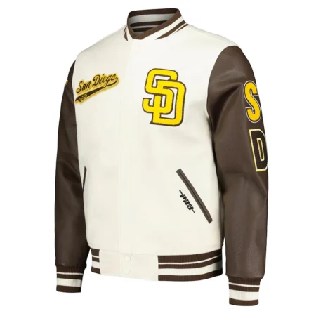 Front view of San Diego Padres Script Varsity Jacket, logo displayed.