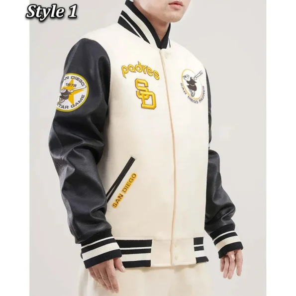 Model wearing San Diego Padres Retro Varsity Jacket side view.