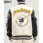 Model in San Diego Padres Retro Varsity Jacket front.