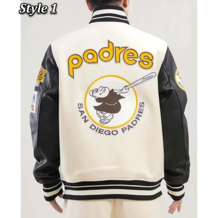 Model wearing San Diego Padres Retro Varsity Jacket back view.