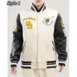 Model in San Diego Padres Retro Varsity Jacket front.