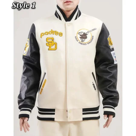 Model wearing San Diego Padres Retro Varsity Jacket front view.