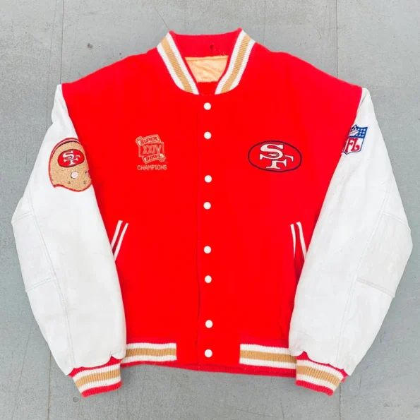 Front view of San Francisco 49ers 1990 Varsity Jacket.