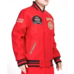 Model wearing San Francisco 49ers Crest Varsity Jacket front view.