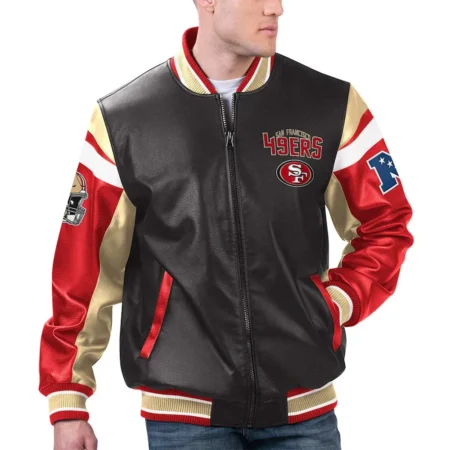 Model wearing San Francisco 49ers Black Varsity Jacket front view.