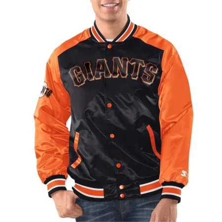 Model wearing Francisco Giants Renegade Varsity Jacket front view