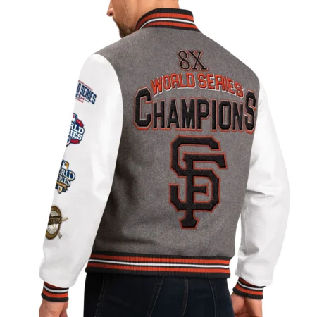 Model back view wearing San Francisco Challenger Varsity Jacket