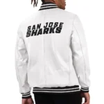 Model in San Jose Sharks Varsity Leather Jacket Front.