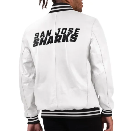 Model wearing San Jose Sharks Varsity Leather Jacket back.