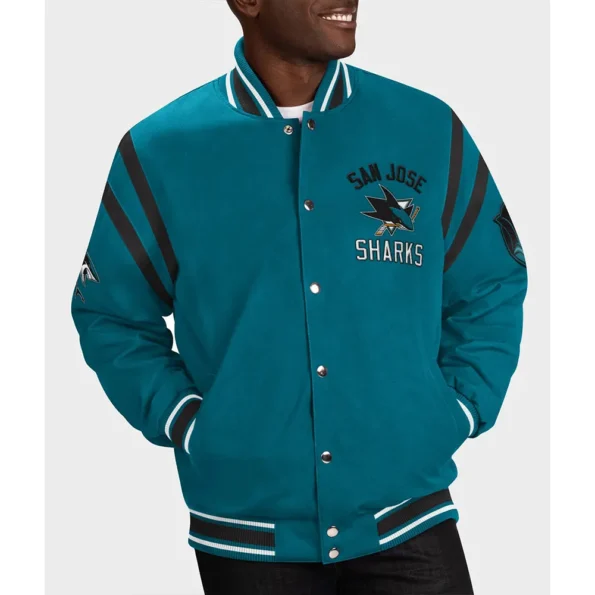 Model wearing San Jose Sharks Tailback Varsity Jacket front view.