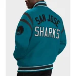 Model front view wearing San Jose Sharks Tailback Varsity Jacket.