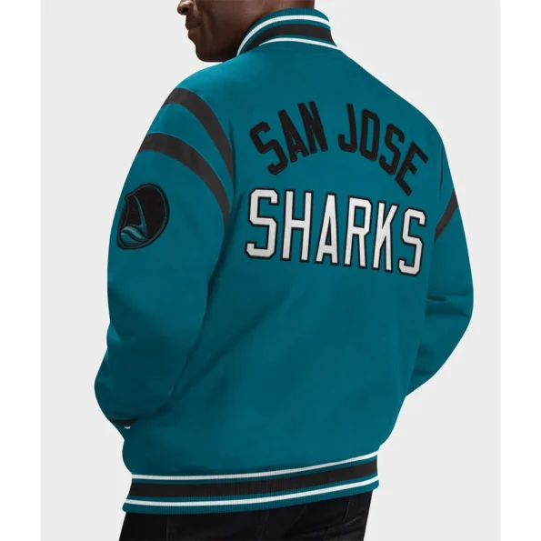 Model wearing San Jose Sharks Tailback Varsity Jacket back view.