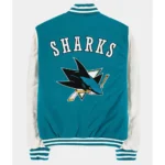 San Jose Sharks Teal Varsity Jacket Front View.