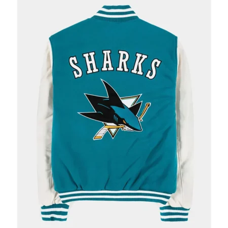 Back view of San Jose Sharks Teal Varsity Jacket.