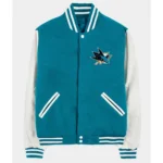 Front view of San Jose Sharks Teal Varsity Jacket.