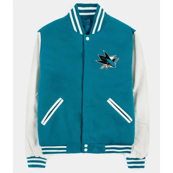 Front view of San Jose Sharks Teal Varsity Jacket.