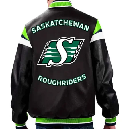 Model wearing Saskatchewan Roughriders Varsity Jacket back view.