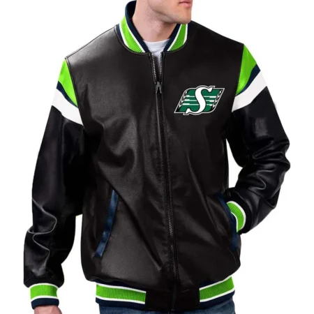 Model wearing Saskatchewan Roughriders Varsity Jacket front view.