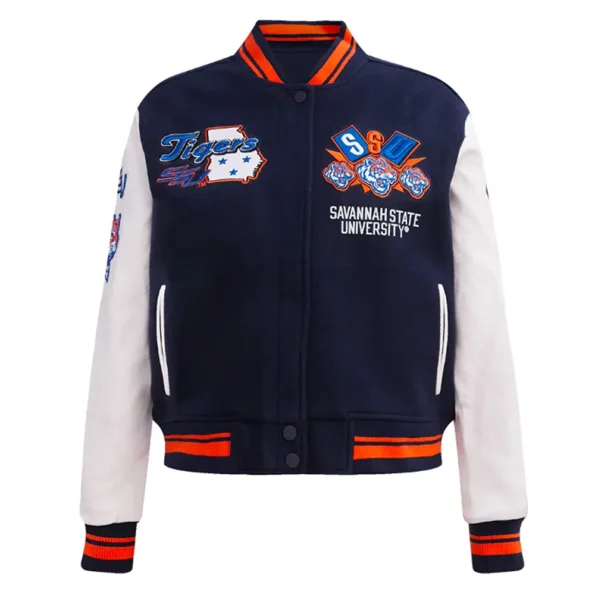 Front view of Savannah State University Varsity Jacket.