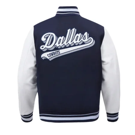 Dallas Cowboys Script Tail Varsity Jacket back view display.