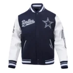 Dallas Cowboys Script Tail Varsity Jacket front view display.