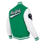 NY Jets Script Tail Varsity Jacket front view display.