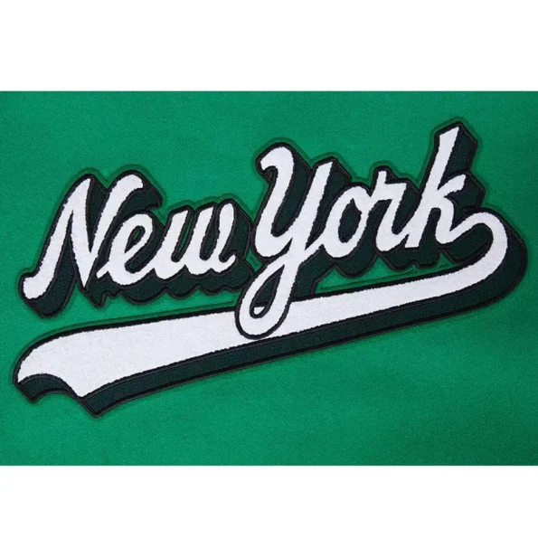 Close-up details of NY Jets Script Tail Varsity Jacket.