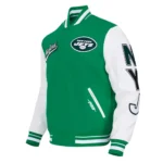 NY Jets Script Tail Varsity Jacket front view display.