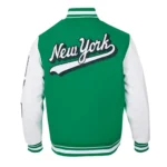 NY Jets Script Tail Varsity Jacket front view display.