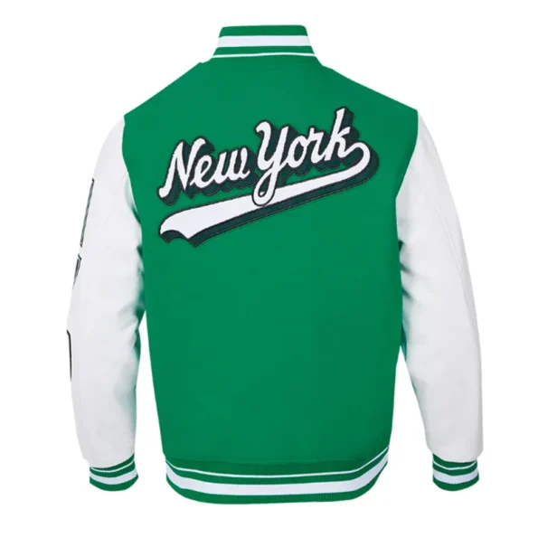 NY Jets Script Tail Varsity Jacket back view display.