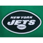 NY Jets Script Tail Varsity Jacket front view display.