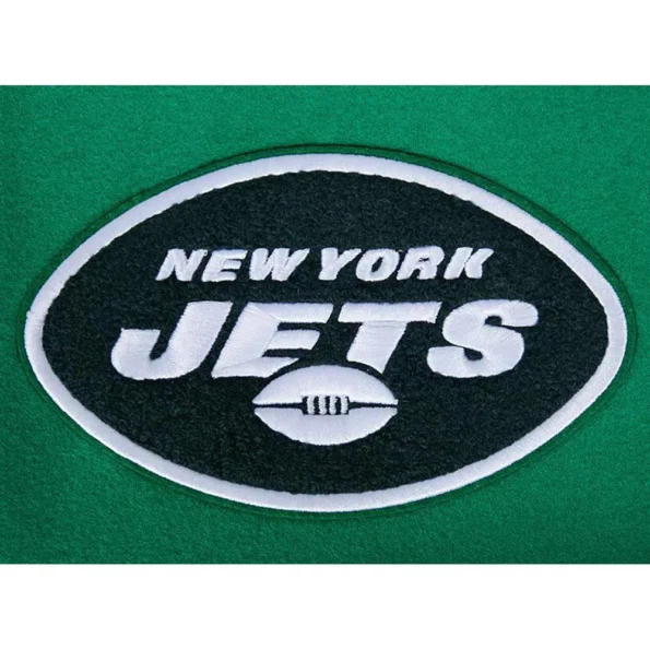 Close-up details of NY Jets Script Tail Varsity Jacket.