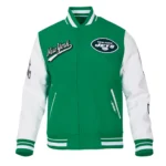 NY Jets Script Tail Varsity Jacket front view display.