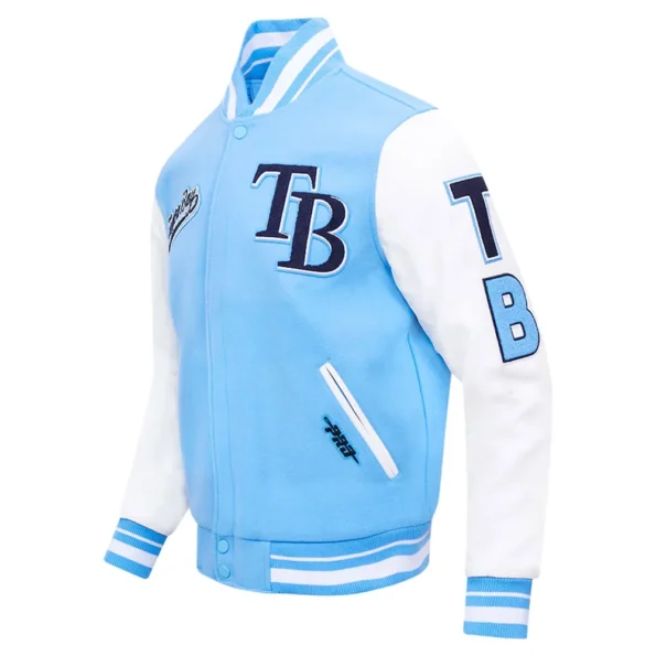 Tampa Bay Rays Script Varsity Jacket side profile showcasing fit.