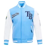 Front and back view of Tampa Bay Rays Script Varsity Jacket.