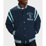 Model wearing Seattle Kraken Tailback Varsity Jacket front view.