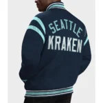 Model front view wearing Seattle Kraken Tailback Varsity Jacket.