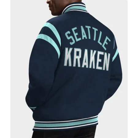 Model wearing Seattle Kraken Tailback Varsity Jacket back view.