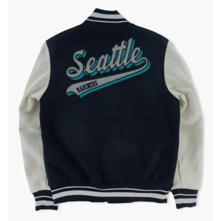 Back view of Seattle Mariners Script Varsity Jacket.